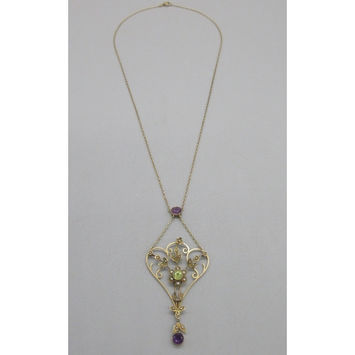 1050 - Edwardian 9ct yellow gold lavalier necklace, pendant set with peridot, amethyst and seed pearl, stam... 