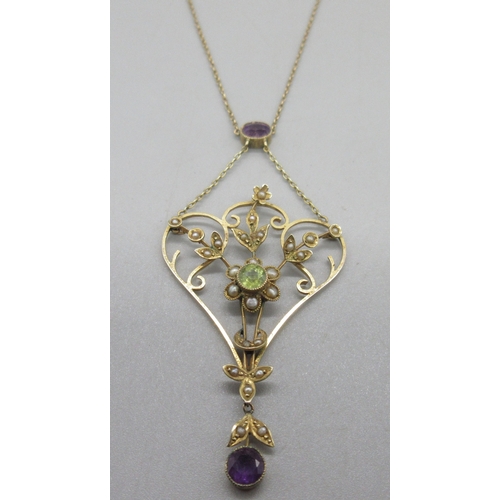 1050 - Edwardian 9ct yellow gold lavalier necklace, pendant set with peridot, amethyst and seed pearl, stam... 