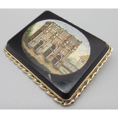 1030 - Grand tour revival Roman micro-mosaic brooch depicting the Arch of Constantine inset in black onyx p... 