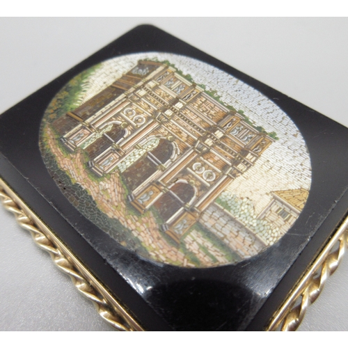 1030 - Grand tour revival Roman micro-mosaic brooch depicting the Arch of Constantine inset in black onyx p... 