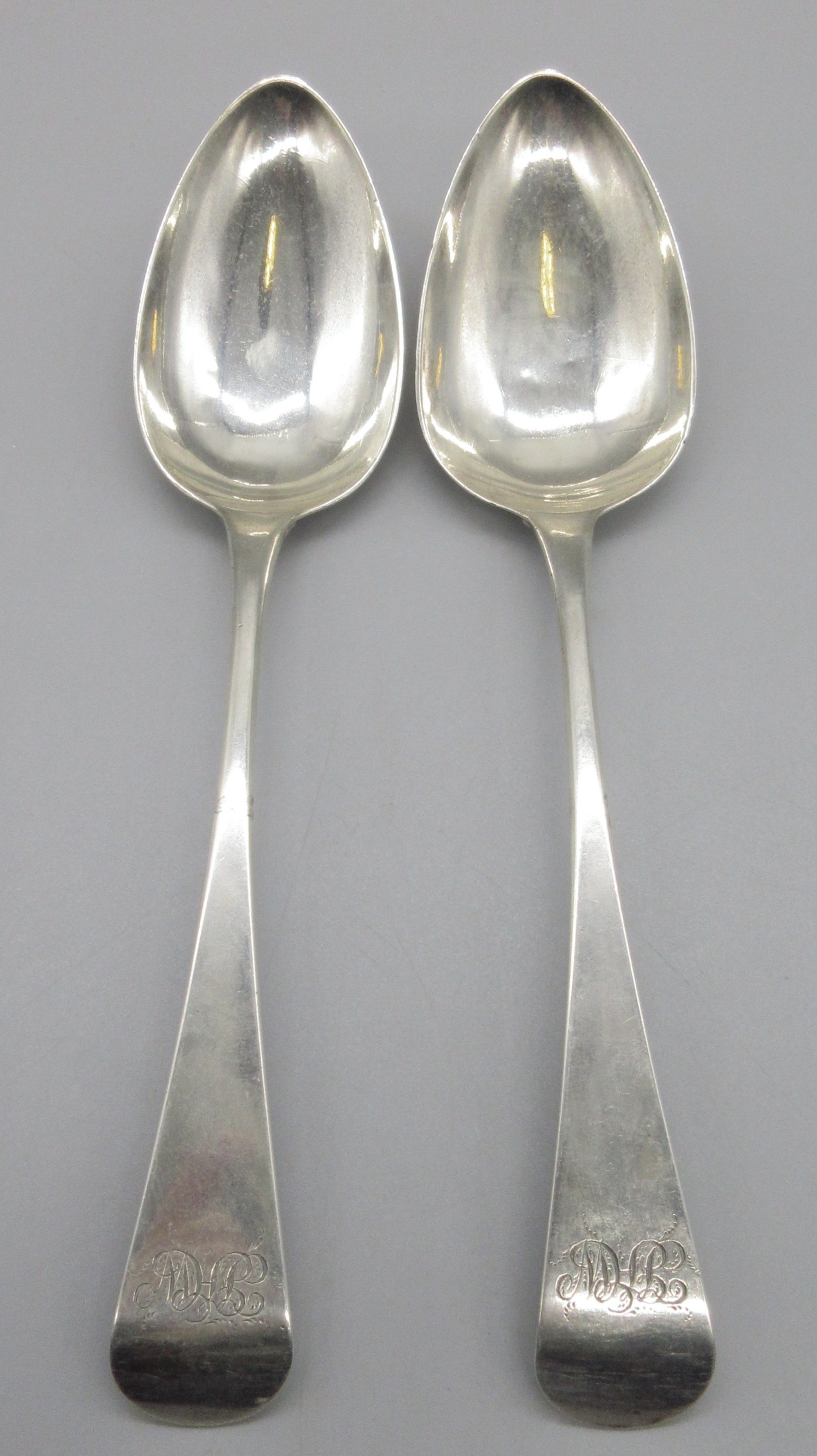 Pair of George III silver monogrammed serving spoons possibly by Josiah ...