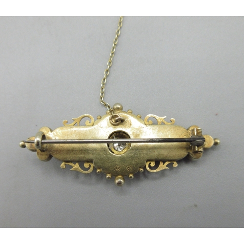 1047 - 15ct gold and diamond Victorian Etruscan revival brooch, central clover-like setting rotates in rope... 
