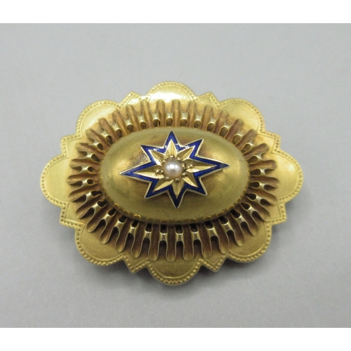 1048 - Victorian unmarked yellow metal mourning brooch, central pearl in star setting lined with blue ename... 