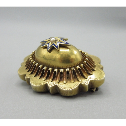 1048 - Victorian unmarked yellow metal mourning brooch, central pearl in star setting lined with blue ename... 