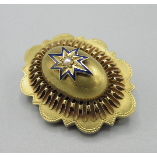 1048 - Victorian unmarked yellow metal mourning brooch, central pearl in star setting lined with blue ename... 