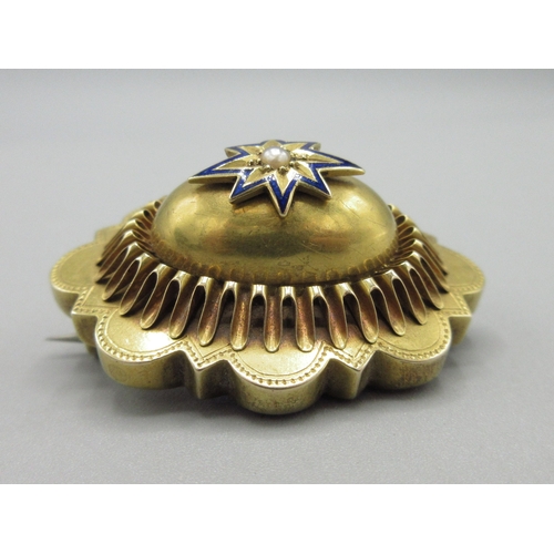 1048 - Victorian unmarked yellow metal mourning brooch, central pearl in star setting lined with blue ename... 