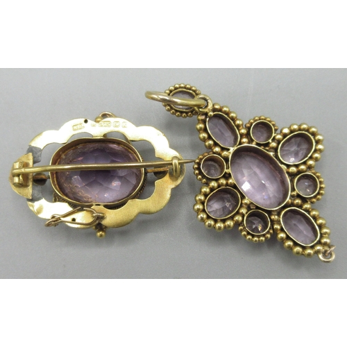 1046 - Victorian 9ct yellow gold brooch set with amethyst and seed pearls, stamped 375, L3.5cm, 6.4g, unmar... 