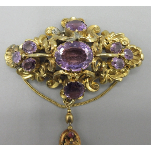 1042 - Victorian unmarked yellow metal two-piece pendant brooch with ornate scrolled foliate frame, set wit... 