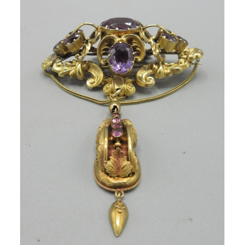 1042 - Victorian unmarked yellow metal two-piece pendant brooch with ornate scrolled foliate frame, set wit... 