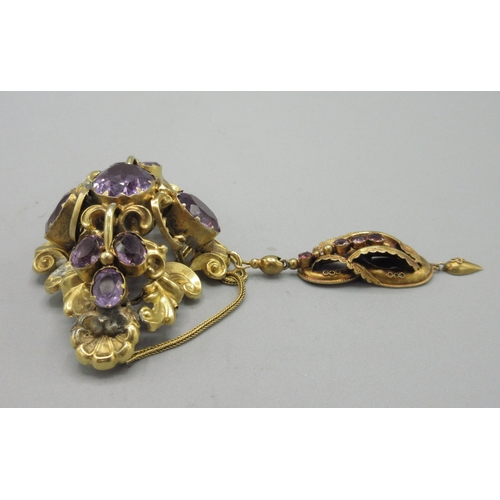 1042 - Victorian unmarked yellow metal two-piece pendant brooch with ornate scrolled foliate frame, set wit... 