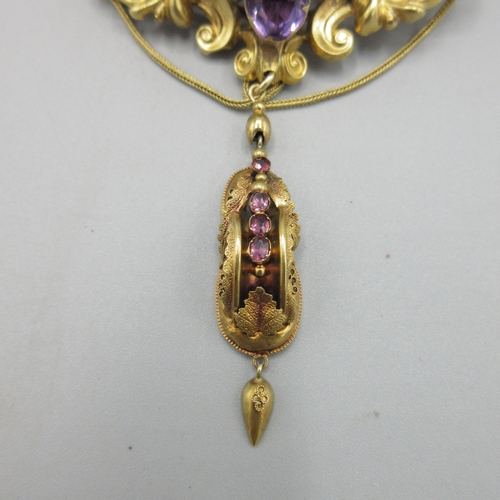 1042 - Victorian unmarked yellow metal two-piece pendant brooch with ornate scrolled foliate frame, set wit... 