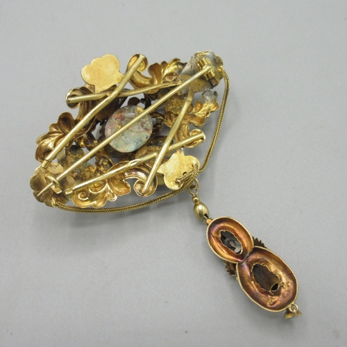 1042 - Victorian unmarked yellow metal two-piece pendant brooch with ornate scrolled foliate frame, set wit... 