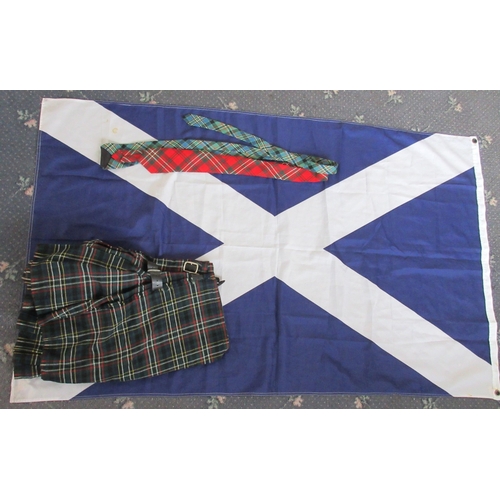 189 - Collection of military items, Kilts, sporran, belts, caps, Tarten ties, St Andrew flag etc.

Bradley... 