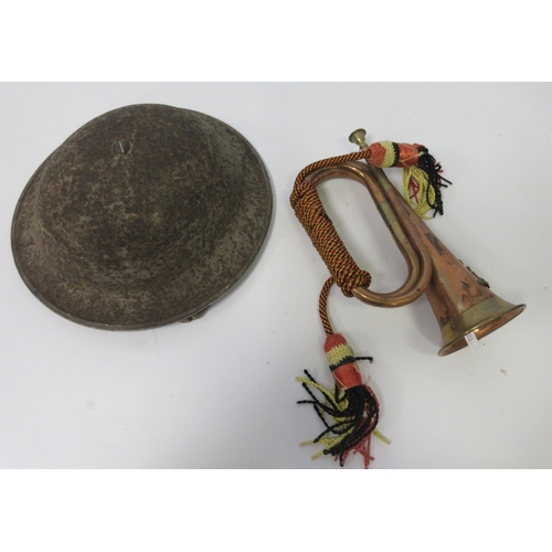 140 - Collection of military items. Brodie helmet, water bottle, ammo pouch, gas mask, webbing belt, bugle... 