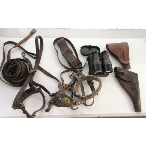 149 - Collection of leather items to include Horse leathers, Two leather holsters one French one British, ... 