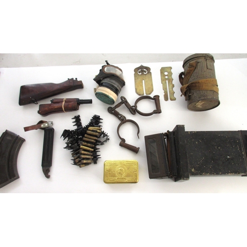 150 - Collection of military items to include Brengun magazine, Gas mask, Wood work for AK-47, Inert, Bull... 
