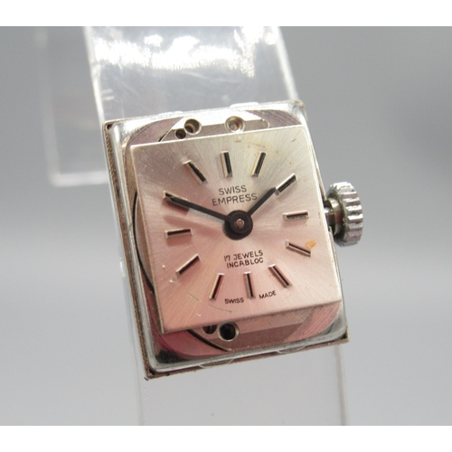 418 - Swiss Empress silver wristwatch on integrated textured bracelet, signed silver sunburst dial with ba... 