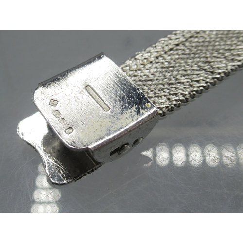 418 - Swiss Empress silver wristwatch on integrated textured bracelet, signed silver sunburst dial with ba... 