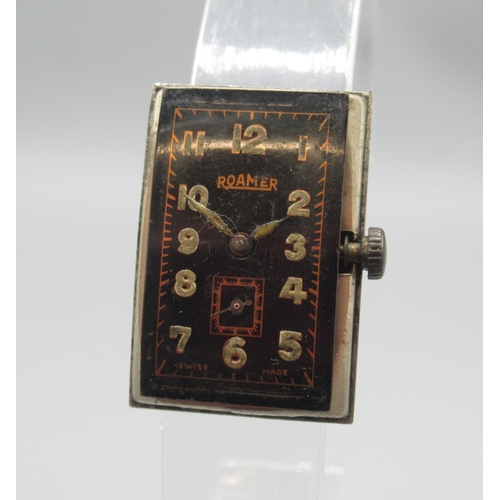 421 - Roamer plated and stainless steel tank case wristwatch on period leather strap, signed black Arabic ... 