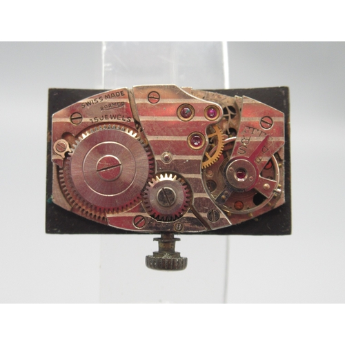 421 - Roamer plated and stainless steel tank case wristwatch on period leather strap, signed black Arabic ... 