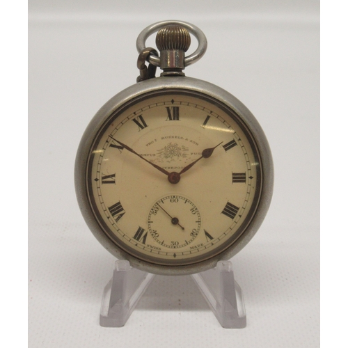 422 - Thos. Russell & Son Liverpool, Silvernus keyless pocket watch, signed white enamel Roman dial with s... 
