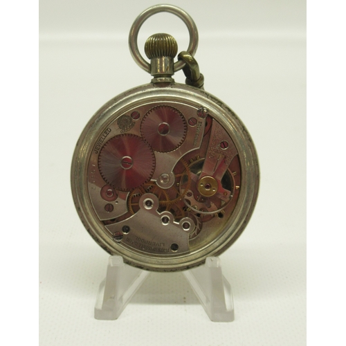 422 - Thos. Russell & Son Liverpool, Silvernus keyless pocket watch, signed white enamel Roman dial with s... 