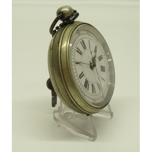422 - Thos. Russell & Son Liverpool, Silvernus keyless pocket watch, signed white enamel Roman dial with s... 