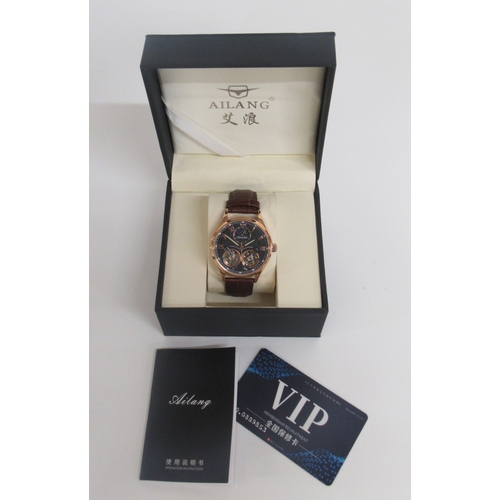 427 - Ailang rose gold plated automatic wristwatch on original brown leather strap signed butterfly clasp,... 