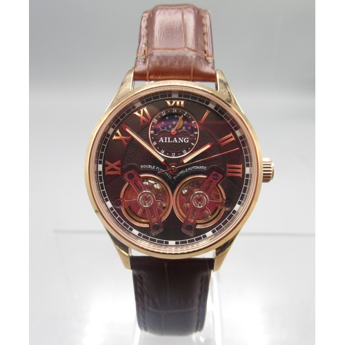 427 - Ailang rose gold plated automatic wristwatch on original brown leather strap signed butterfly clasp,... 