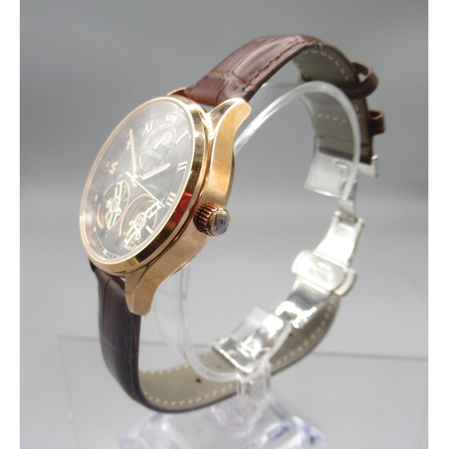 427 - Ailang rose gold plated automatic wristwatch on original brown leather strap signed butterfly clasp,... 