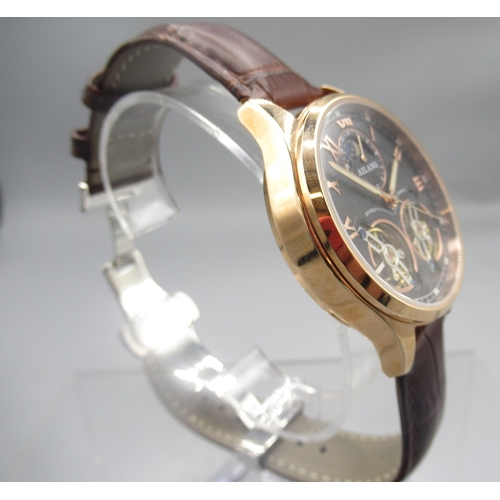 427 - Ailang rose gold plated automatic wristwatch on original brown leather strap signed butterfly clasp,... 