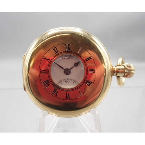 J. W. Benson London, 9ct gold keyless half hunter pocket watch, signed white enamel Roman dial with subsidiary seconds, A.L.D. case with hinged case back no. 397470, Birmingham 1927, frosted Swiss Made bridge plate 17 jewel movement signed J.W. Benson London, with snail cam regulator, gross weight 97.1g, D49.4mm

Bradleys shipping £23.00 plus vat (UK Only)