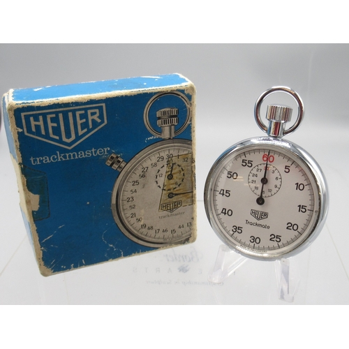 434 - Heuer Trackmate chrome stopwatch, signed white Arabic dial with 30 minute black subsidiary dial, sna... 