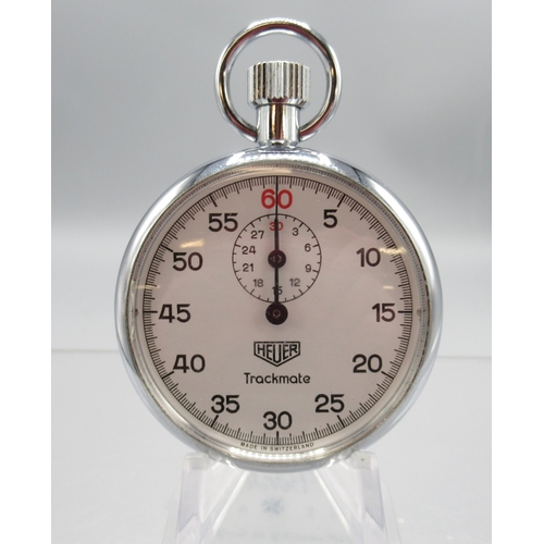 434 - Heuer Trackmate chrome stopwatch, signed white Arabic dial with 30 minute black subsidiary dial, sna... 
