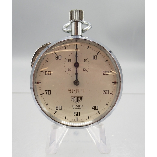 435 - Heuer chrome stopwatch for Dembo Bristol, signed white Arabic dial with 30 minute black subsidiary d... 