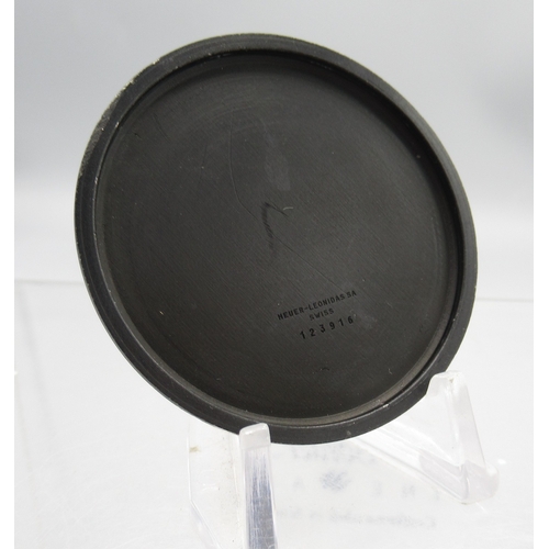 437 - Heuer aluminium and painted stopwatch, signed white Arabic dial with 60 minute inner track, signed s... 