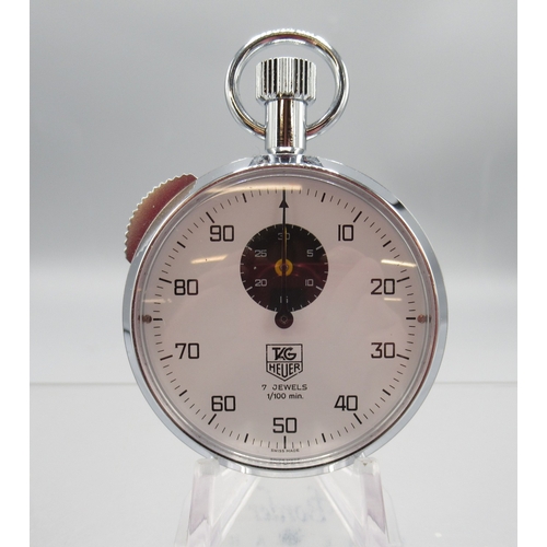 439 - Tag Heuer chrome 1/100min stopwatch, signed white Arabic dial with 30 minute subsidiary dial, snap o... 