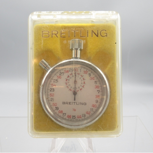 444 - Breitling 1/10 chrome stopwatch, signed white dial with 15 minute subsidiary dial, signed snap on ca... 