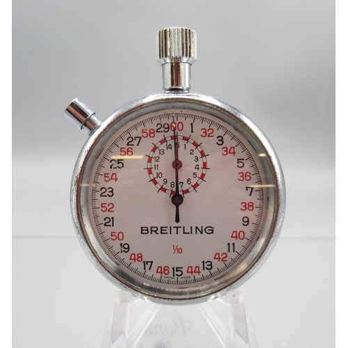 444 - Breitling 1/10 chrome stopwatch, signed white dial with 15 minute subsidiary dial, signed snap on ca... 
