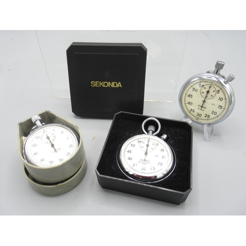 447 - Sekonda chrome stopwatch, signed white dial with 30 minute subsidiary dial, snap on case back, 4282 ... 