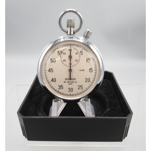 447 - Sekonda chrome stopwatch, signed white dial with 30 minute subsidiary dial, snap on case back, 4282 ... 