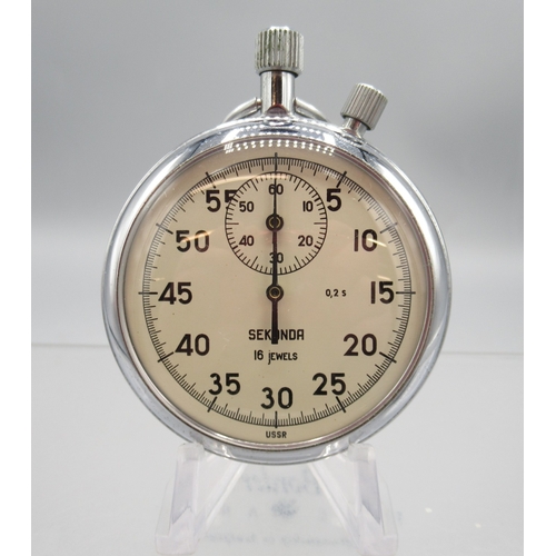 447 - Sekonda chrome stopwatch, signed white dial with 30 minute subsidiary dial, snap on case back, 4282 ... 
