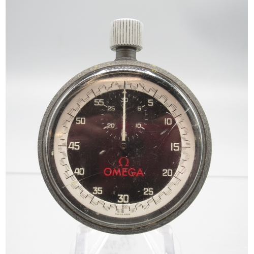 450 - Omega black crackle finish and stainless steel stopwatch, signed black dial, outer white chapter rin... 