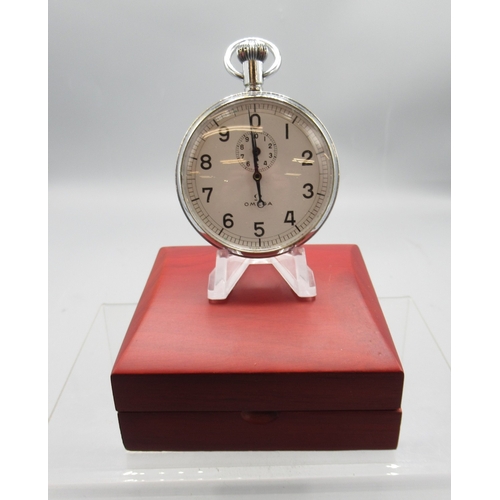 452 - Omega for Servo Electronics Lab chrome stopwatch, signed white dial with 10 minute subsidiary dial, ... 