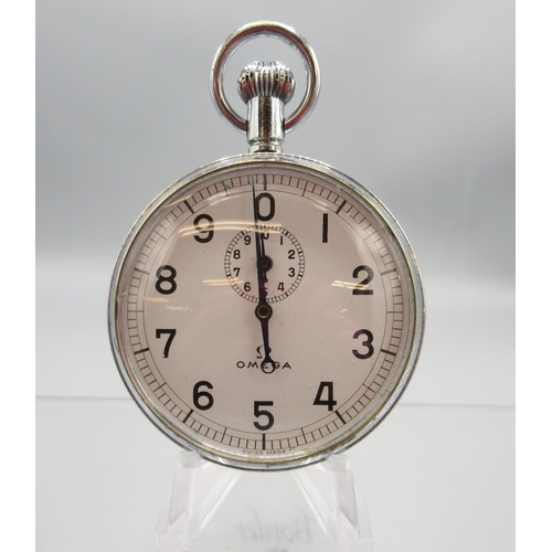 452 - Omega for Servo Electronics Lab chrome stopwatch, signed white dial with 10 minute subsidiary dial, ... 