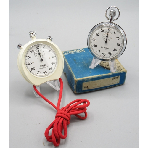 453 - Leonidas chrome stopwatch, signed white dial with 30 minute subsidiary dial, screw on case ring reta... 