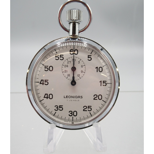 453 - Leonidas chrome stopwatch, signed white dial with 30 minute subsidiary dial, screw on case ring reta... 