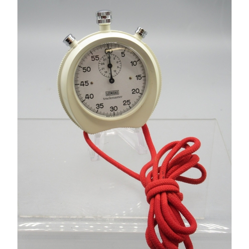 453 - Leonidas chrome stopwatch, signed white dial with 30 minute subsidiary dial, screw on case ring reta... 
