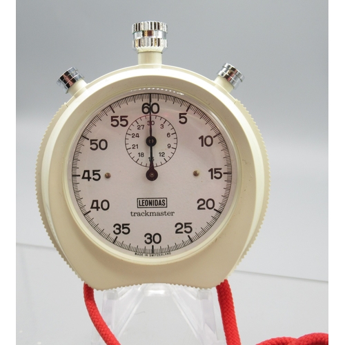453 - Leonidas chrome stopwatch, signed white dial with 30 minute subsidiary dial, screw on case ring reta... 
