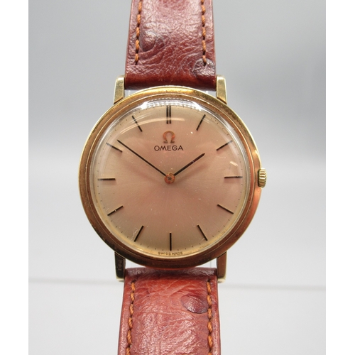455 - Omega 9ct gold wristwatch on later leather strap with 9ct gold Omega buckle, Birmingham 1963, signed... 